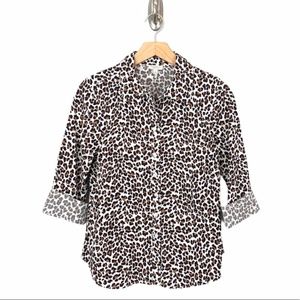 Talbots Cotton Blend Leopard Print Long Sleeve Button Down Top, Size 6P